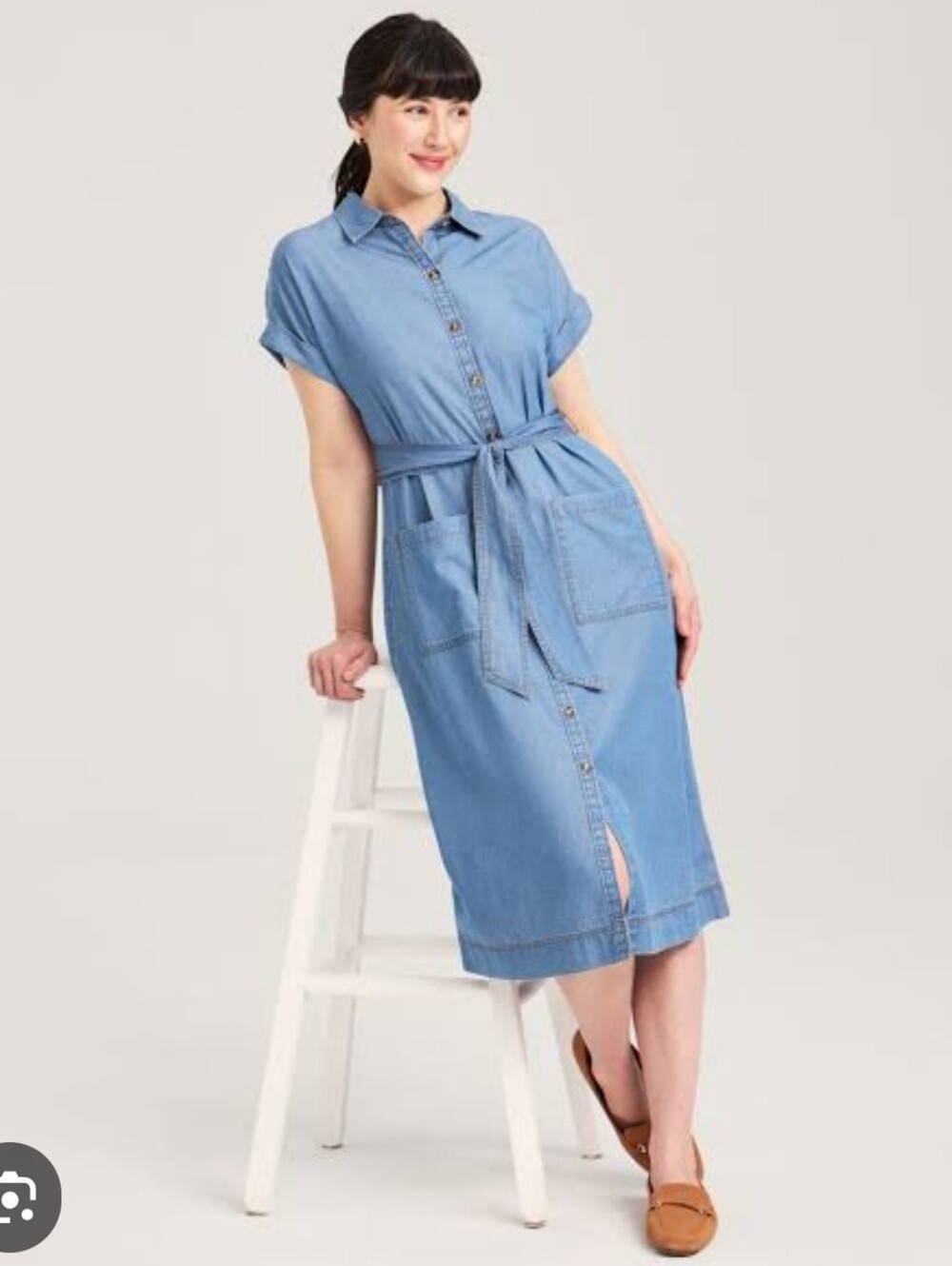 NWT Denim Shirt Dress Blue Short Sleeve Button Front Tie Waist Midi Medium